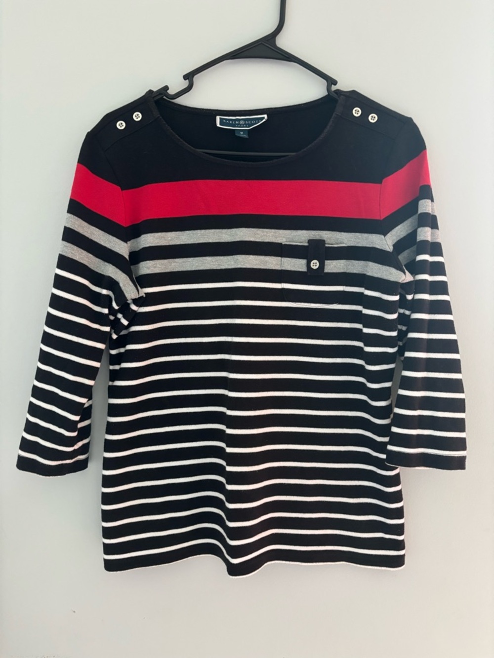 Karen Scott Black, White & Red Striped Boatneck Top
